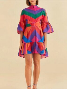 FARM Rio Multicolor Chevron High-Low Belted Ruffle Dress